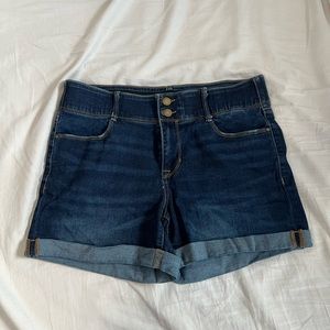 double button dark blue jean shorts